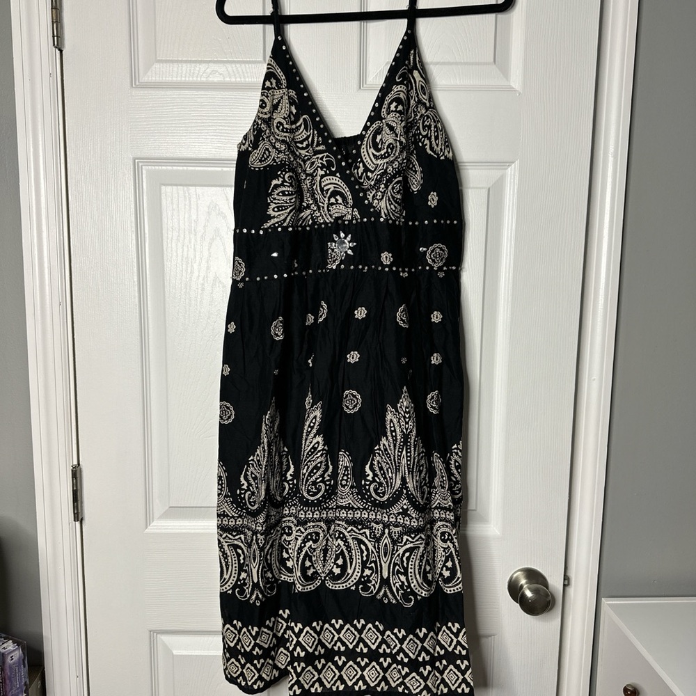 Black Paisley Print Mini Dress with Spaghetti Straps